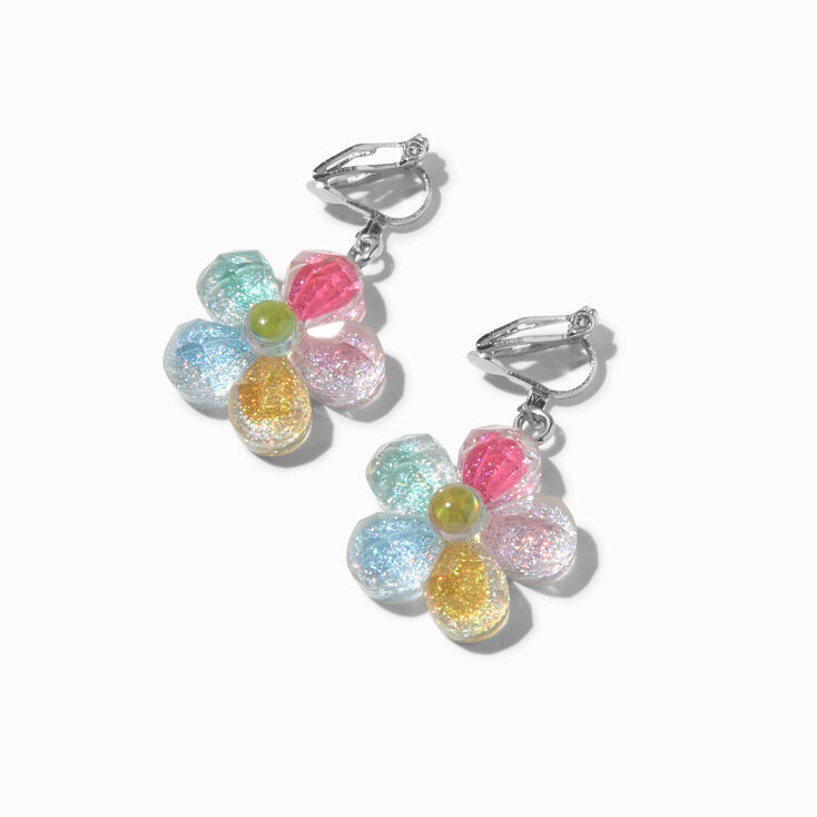 Rainbow Daisy 1&quot; Clip-On Drop Earrings,