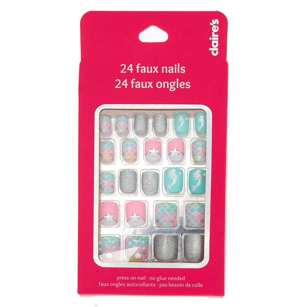 Lot de 24 faux ongles motif sirène pastel,