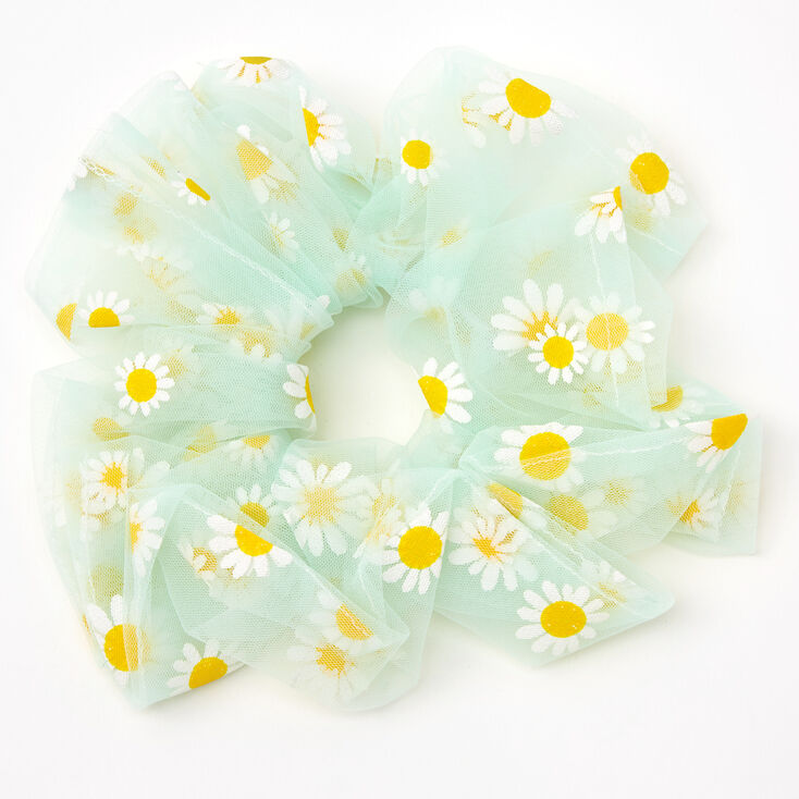 Gros chouchou avec marguerites en tulle transparent - Vert menthe,