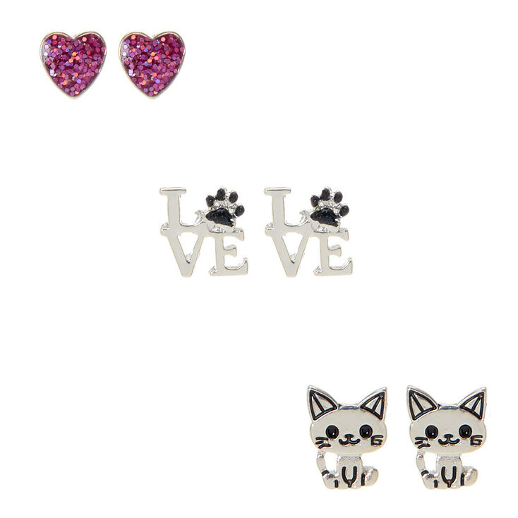 Love Cat Stud Earrings 3 Pack Claire S Us