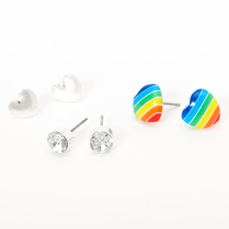 Silver Rainbow Hearts Stud Earrings - 3 Pack,