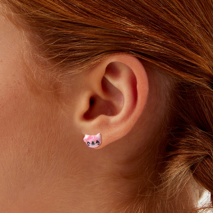 Pink Glitter Cat Stud Earrings,
