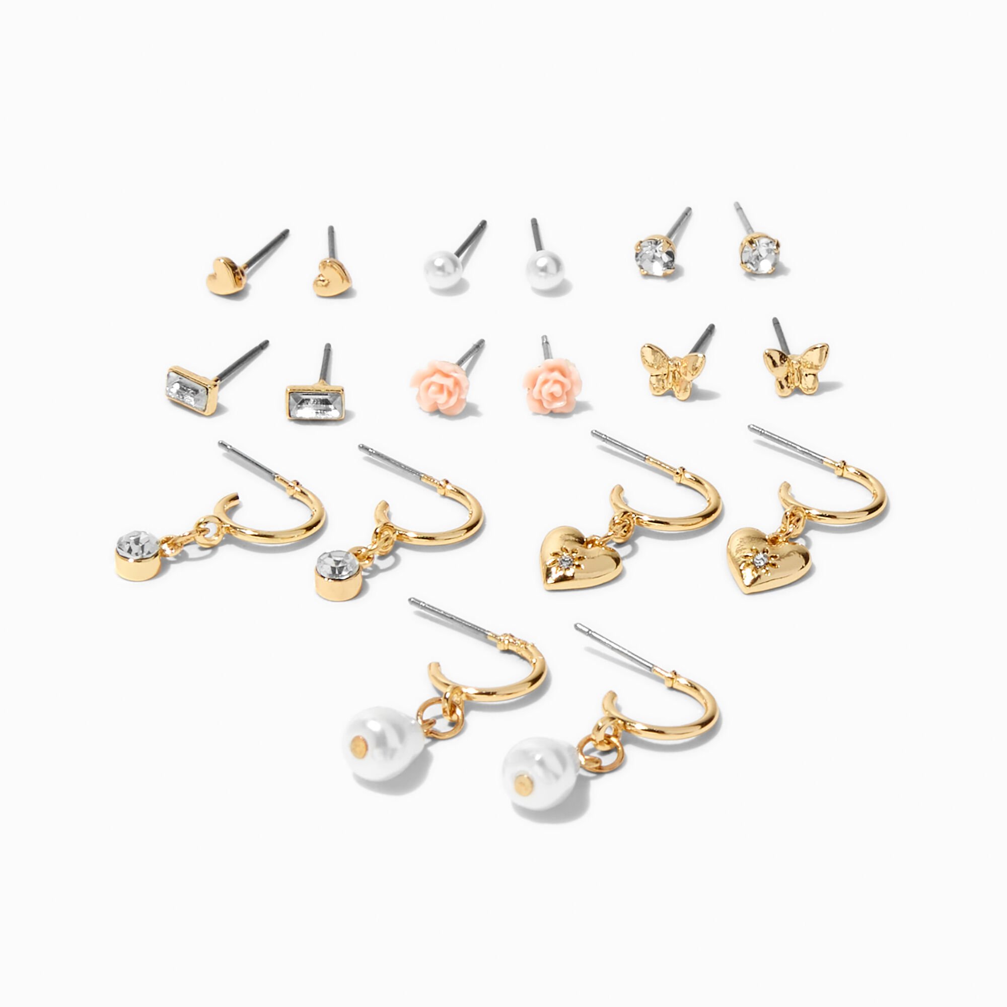 View Claires Pretty Hoops Studs Earrings Set 9 Pack Gold information