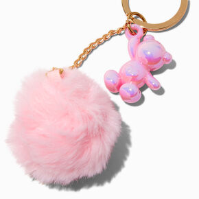 Pink Pom Pom Chrome Teddy Bear Charm Keychain,