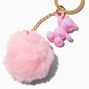 Porte-cl&eacute;s &agrave; breloque nounours couleur chrom&eacute;e pompon rose,
