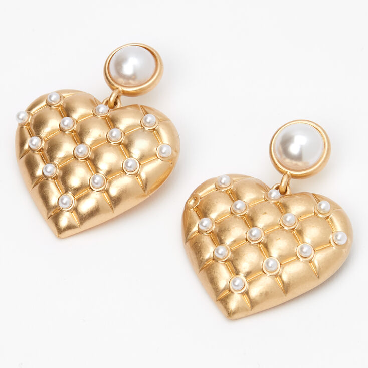 Claire's Pendantes cœurs matelassés et perles d’imitation 2,5 cm couleur dorée