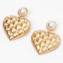 Gold 1&quot; Quilted Pearl Heart Drop Earrings,