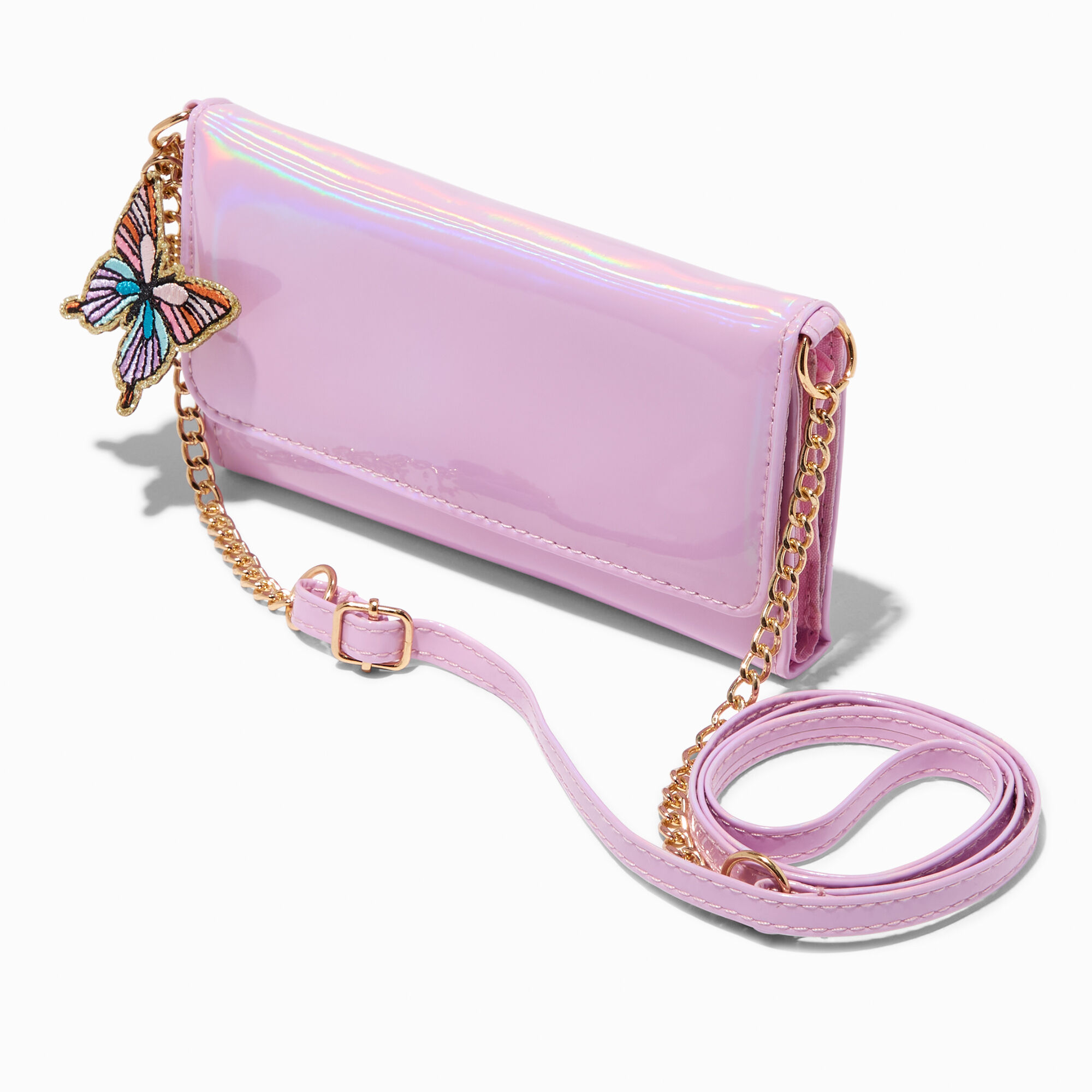 View Claires Butterfly Charm Faux Patent Leather Wallet Chain Pink information