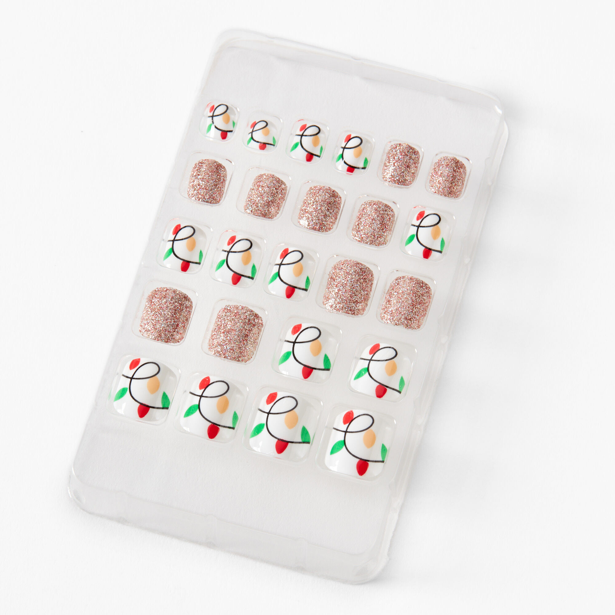 Claire's Club Christmas Lights Square Press On Faux Nail Set - 10 Pack,