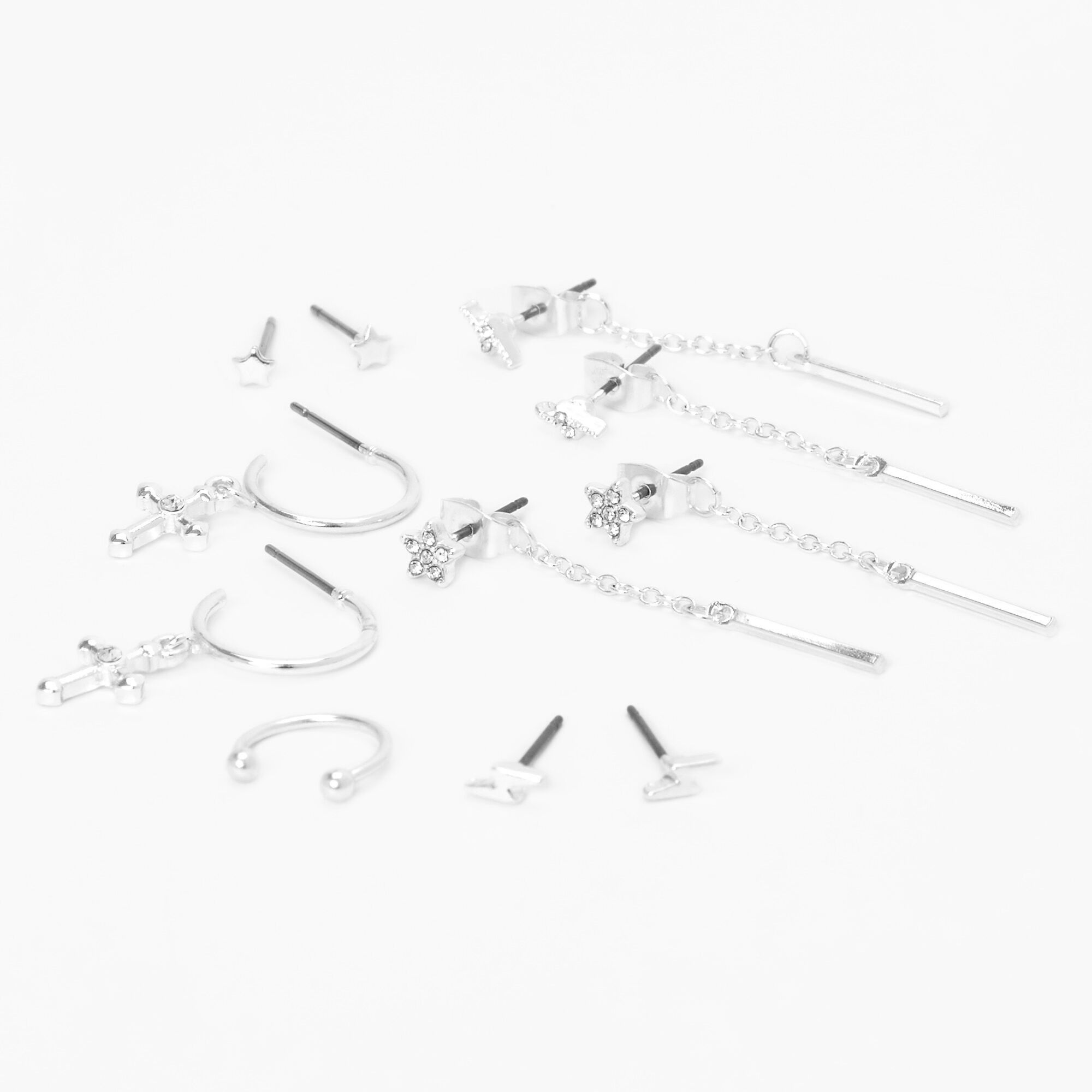Claire's Ensemble de manchette d’oreille et boucles d’oreilles croix et étoiles couleur argentée - Lot de 6