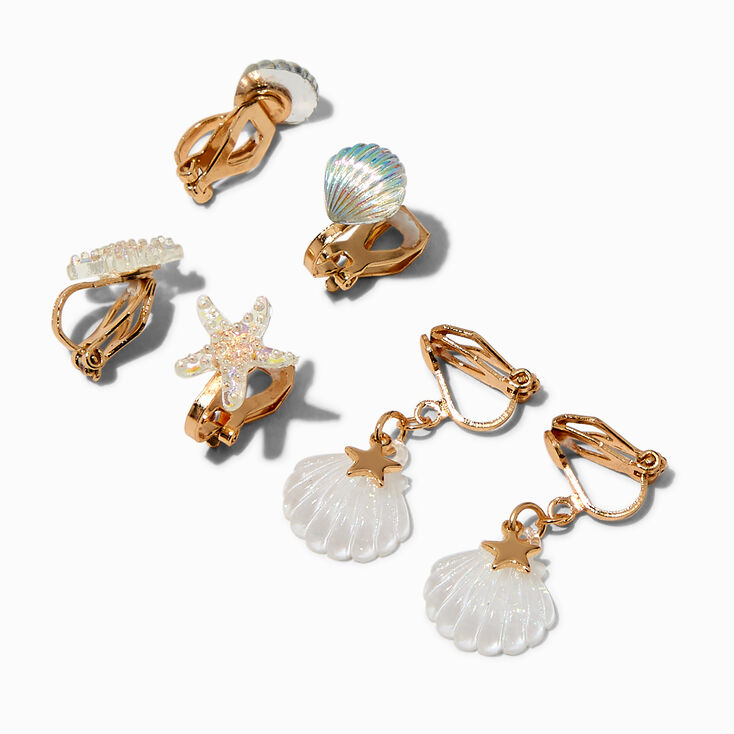 Gold-tone Sea Life Clip-On Stud Earrings - 3 Pack ,
