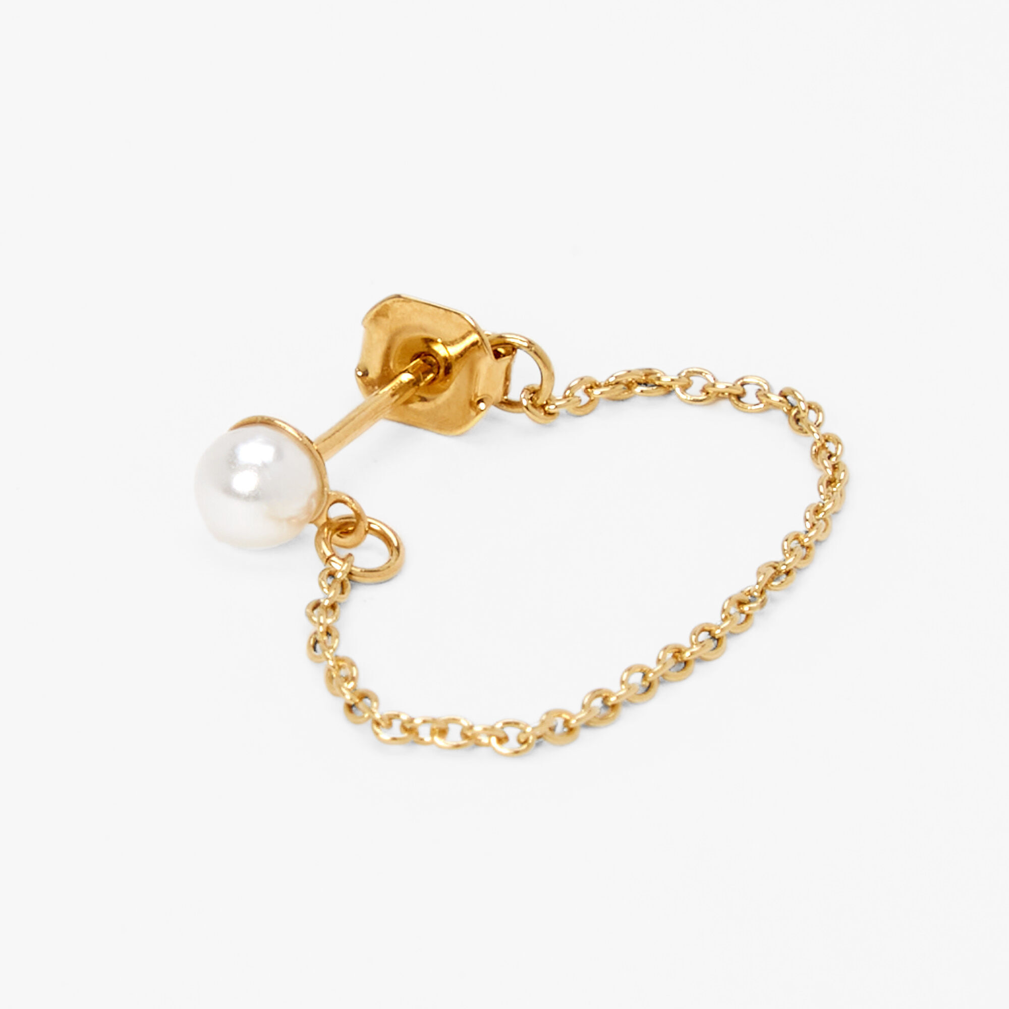 View Claires 18K Plated One Pearl Chain Stud Earring Gold information