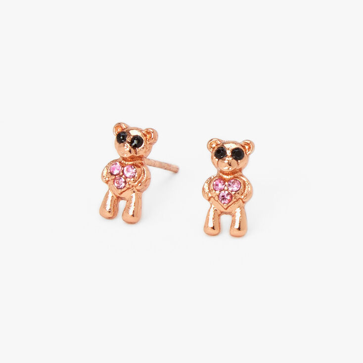 18kt Rose Gold Plated Crystal Teddy Bear Stud Earrings | Claire's US
