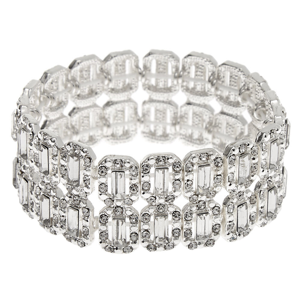 Silver Rhinestone Double Row Stretch Bracelet,