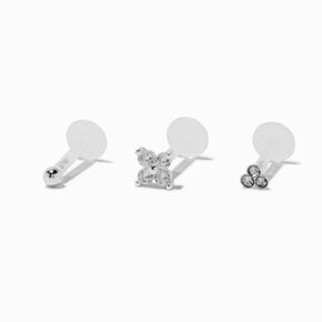 Sterling Silver Ball, Clover, &amp; Trio Crystal 16G Threadless Flat Back Helix Earring - 3 Pack,