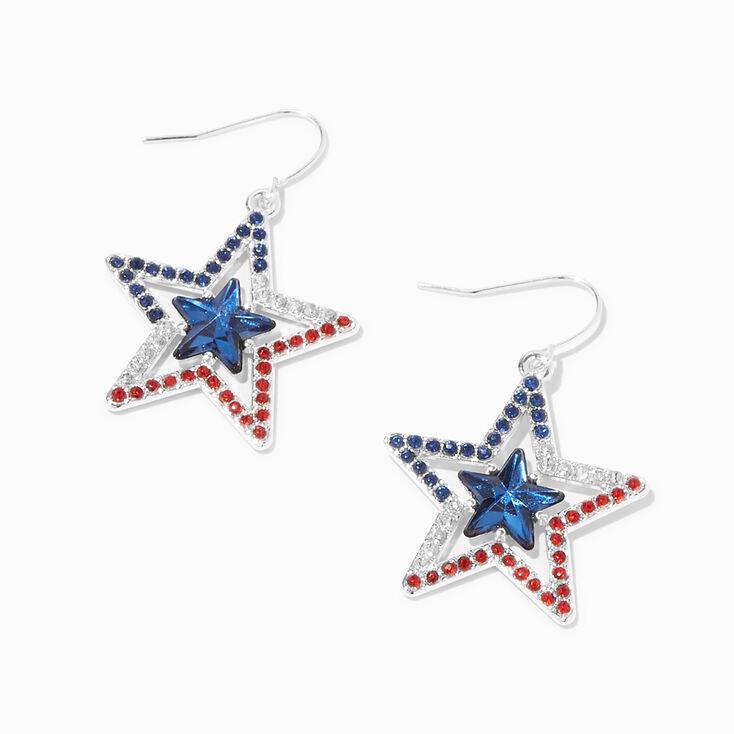 Red, White, &amp; Blue Embellished Star Outline 1&quot; Drop Earrings,