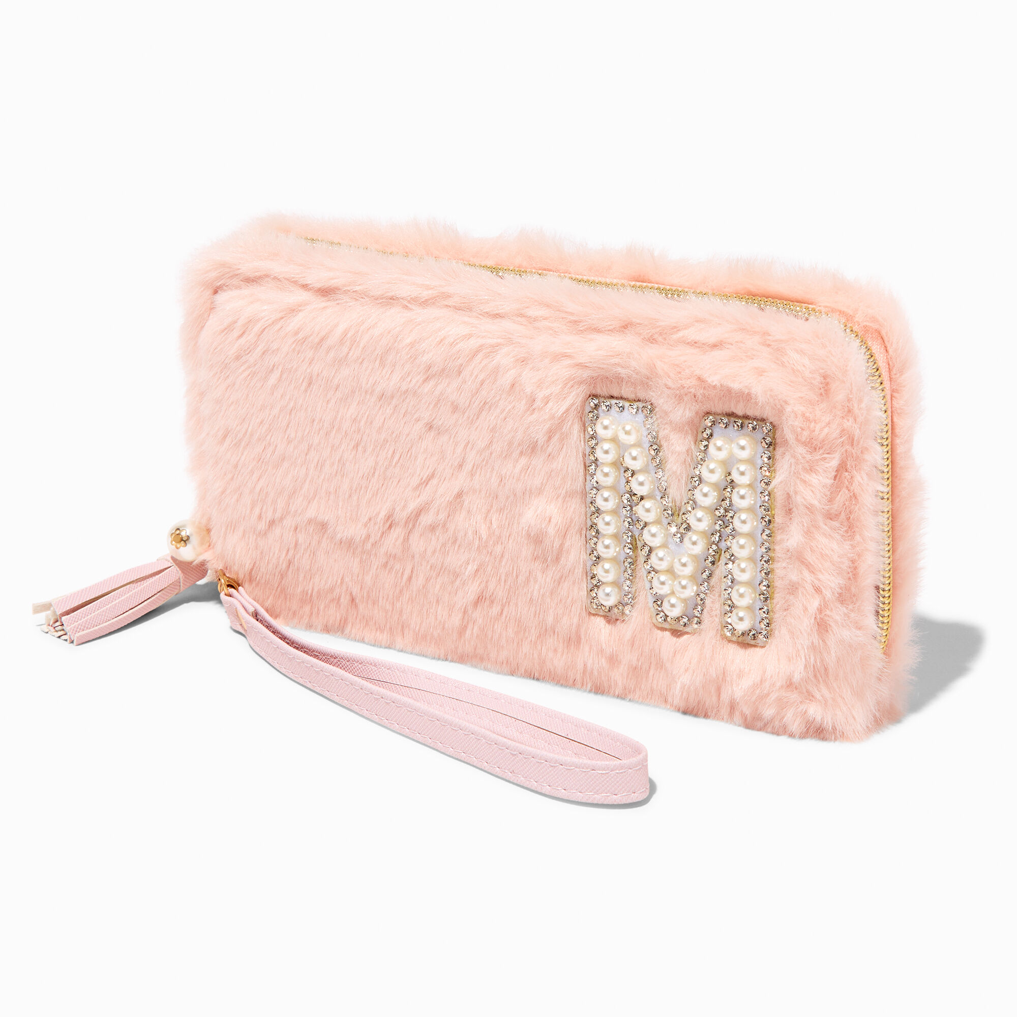 Blush Pink Furry Pearl Initial Wristlet Wallet - M,