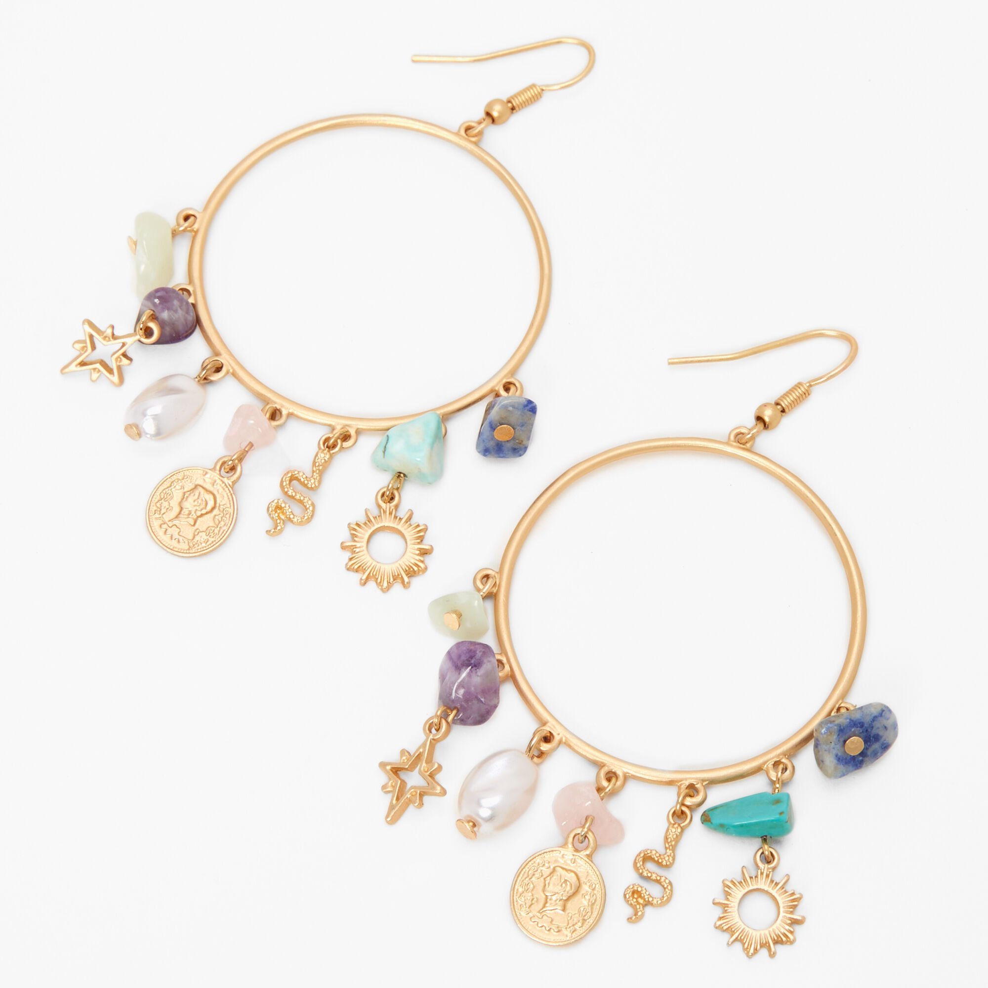 Stone & Charms 2" Gold Hoop Earrings,