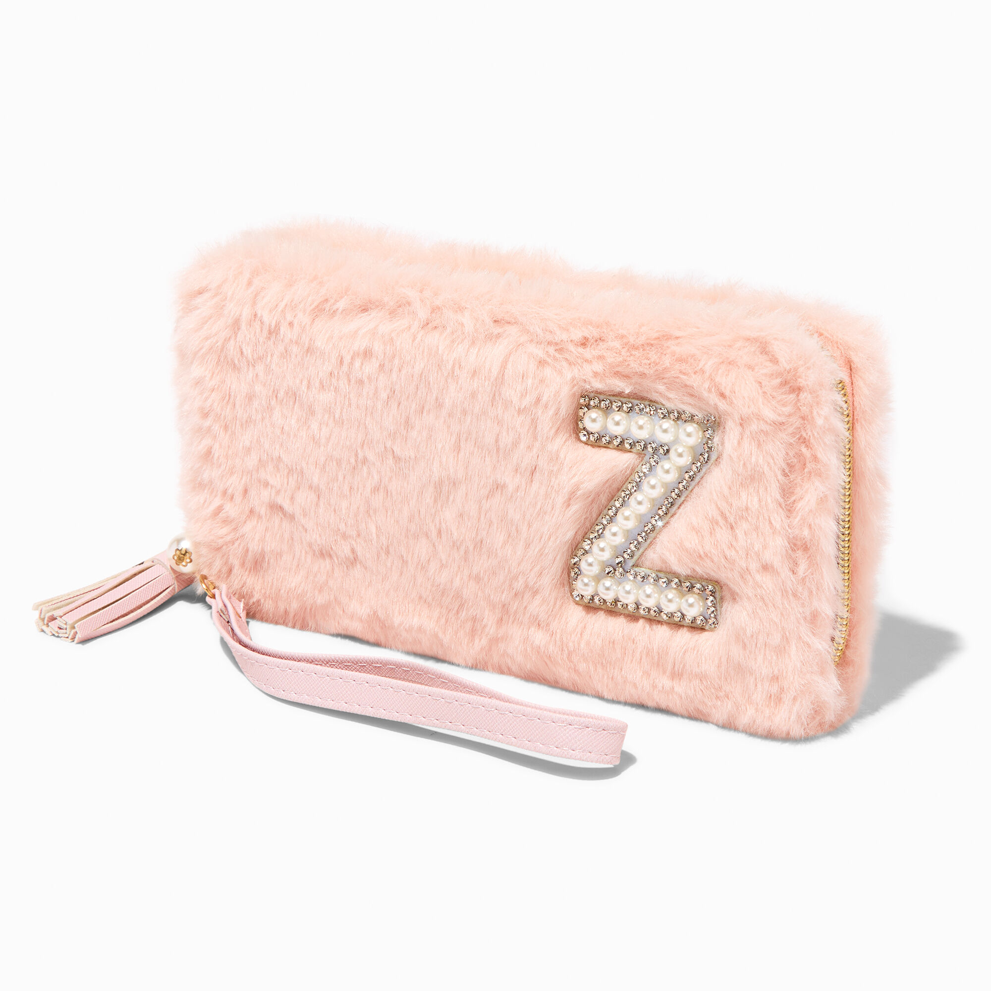 Blush Pink Furry Pearl Initial Wristlet Wallet - Z,
