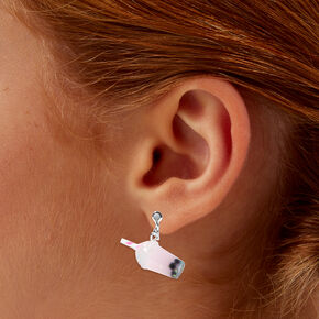 Silver 0.5&quot; Pink Bubble Tea Clip On Drop Earrings,
