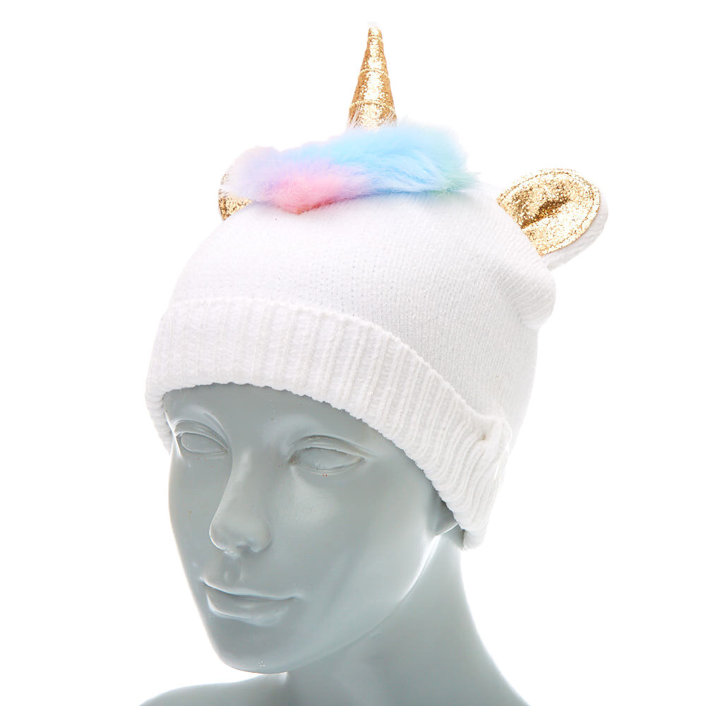 Bonnet blanc licorne décoré de fausse fourrure arc-en-ciel,