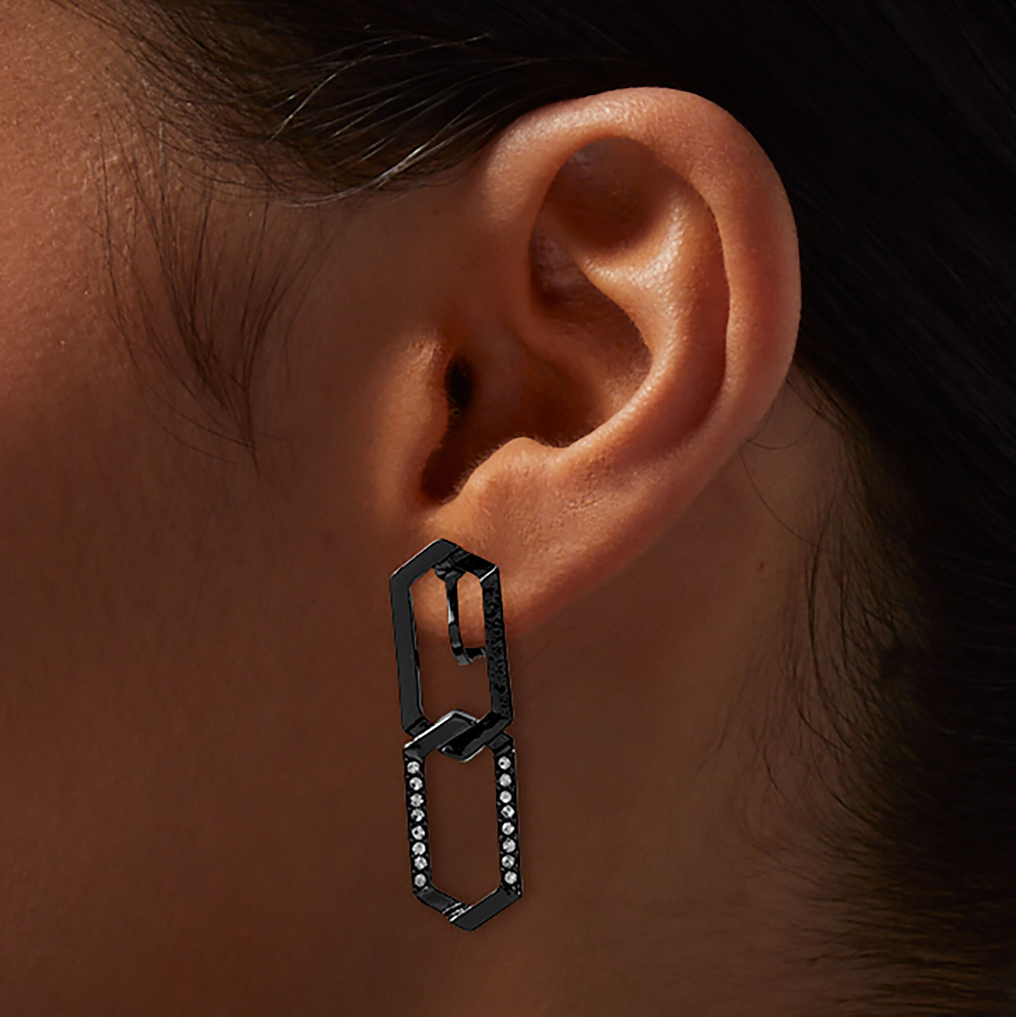 Black Geometric Chain Clip-On Drop Earrings