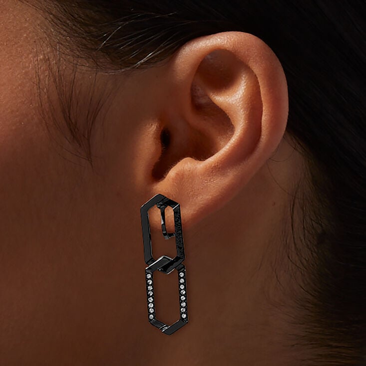 Black Geometric Chain Clip-On Drop Earrings ,