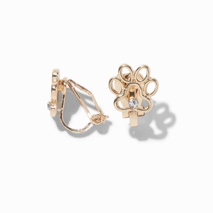 Gold-tone Crystal Paw Print Clip-On Stud Earrings,