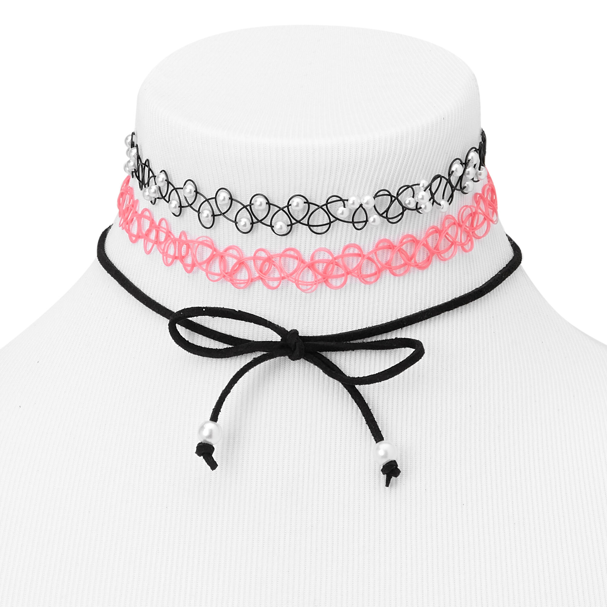 Claire s Club Tattoo Bow Choker Necklaces Pink 3 Pack Claire s US