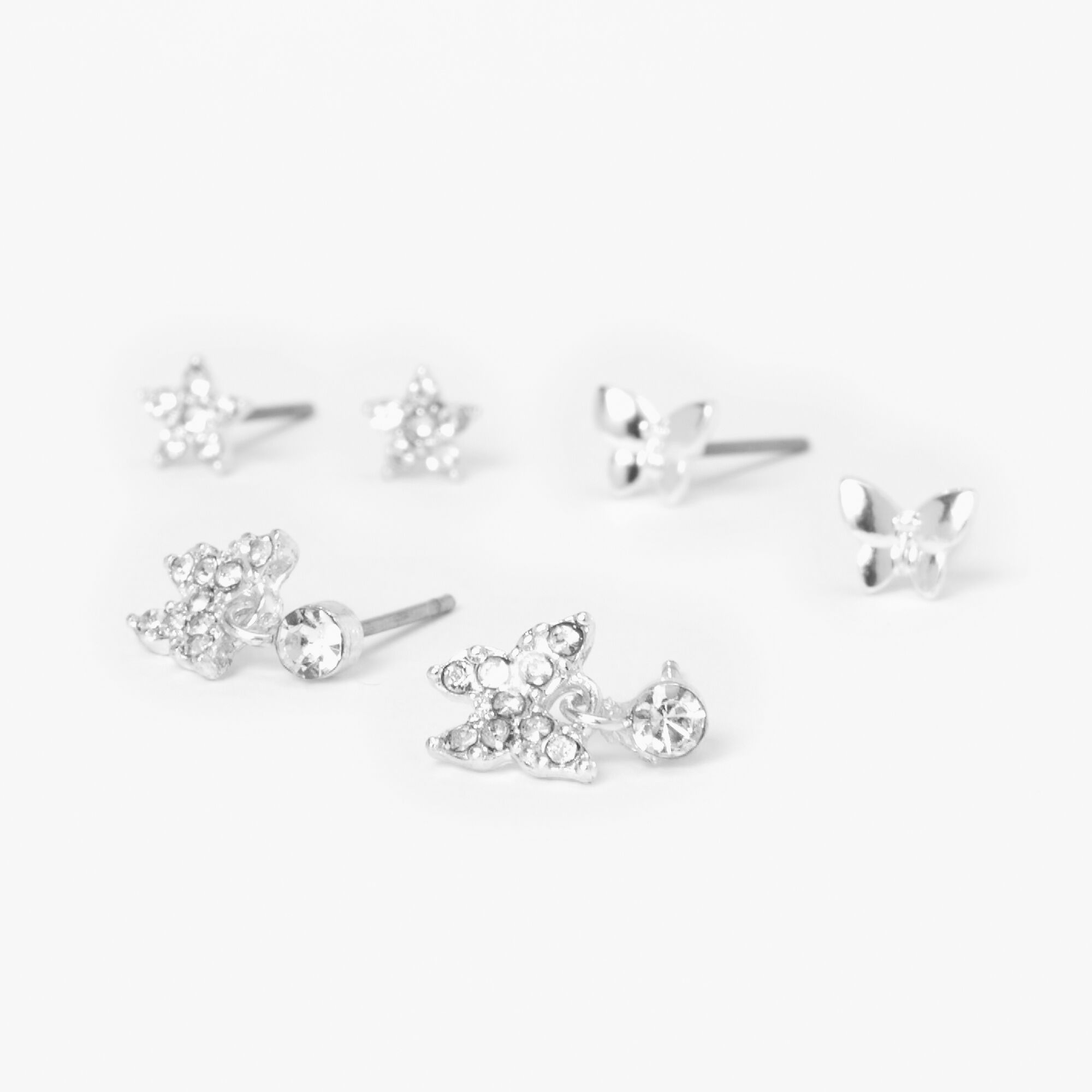 View Claires Tone Butterfly Stars Stud Earrings 3 Pack Silver information