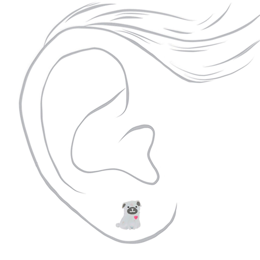 Holographic Pug Stud Earrings White