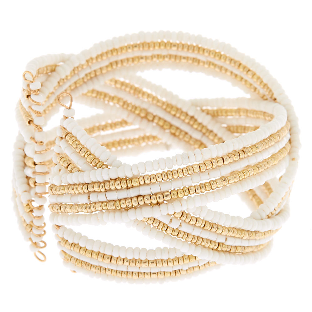 Bracelet manchette tissé à perles d'imitation blanches,