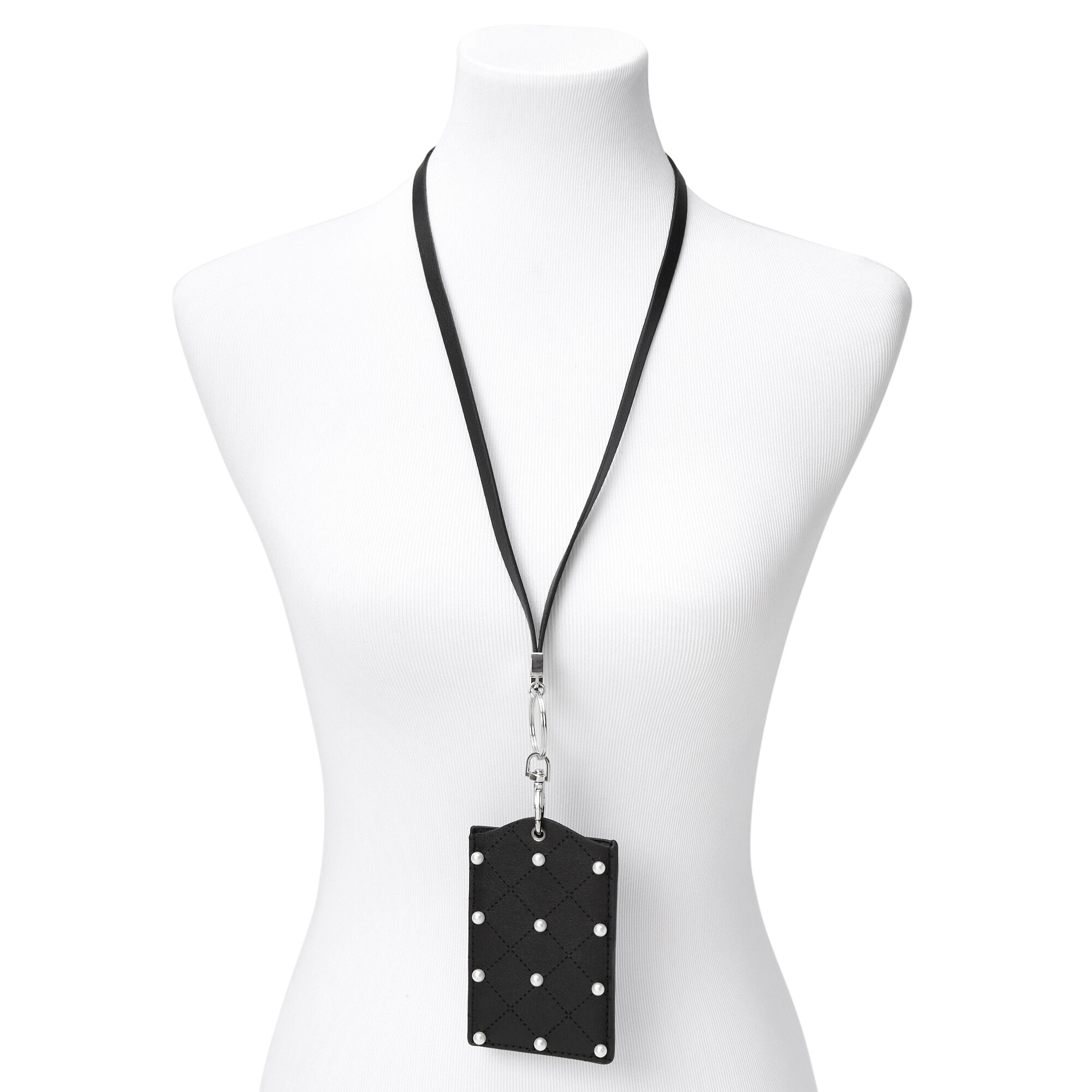 Faux Pearl Quilted Lanyard - Black,