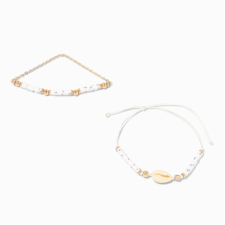 Bracelets perl&eacute;s heishi et coquillage cauri blancs - Lot de 2,