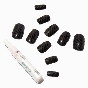 Black Stripe Mid Square Vegan Faux Nail Set -  24 Pack,