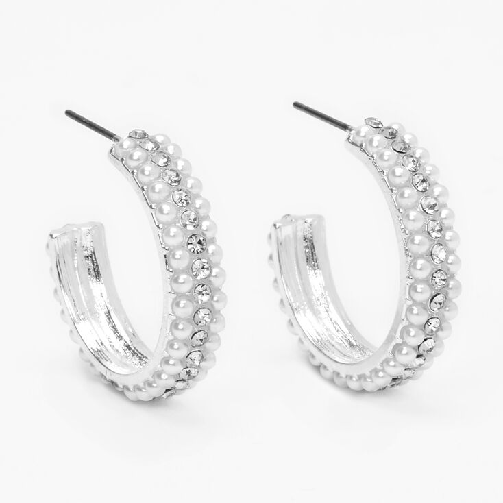 Silver 30MM Pearl Triple Hoop Earrings | Claire's