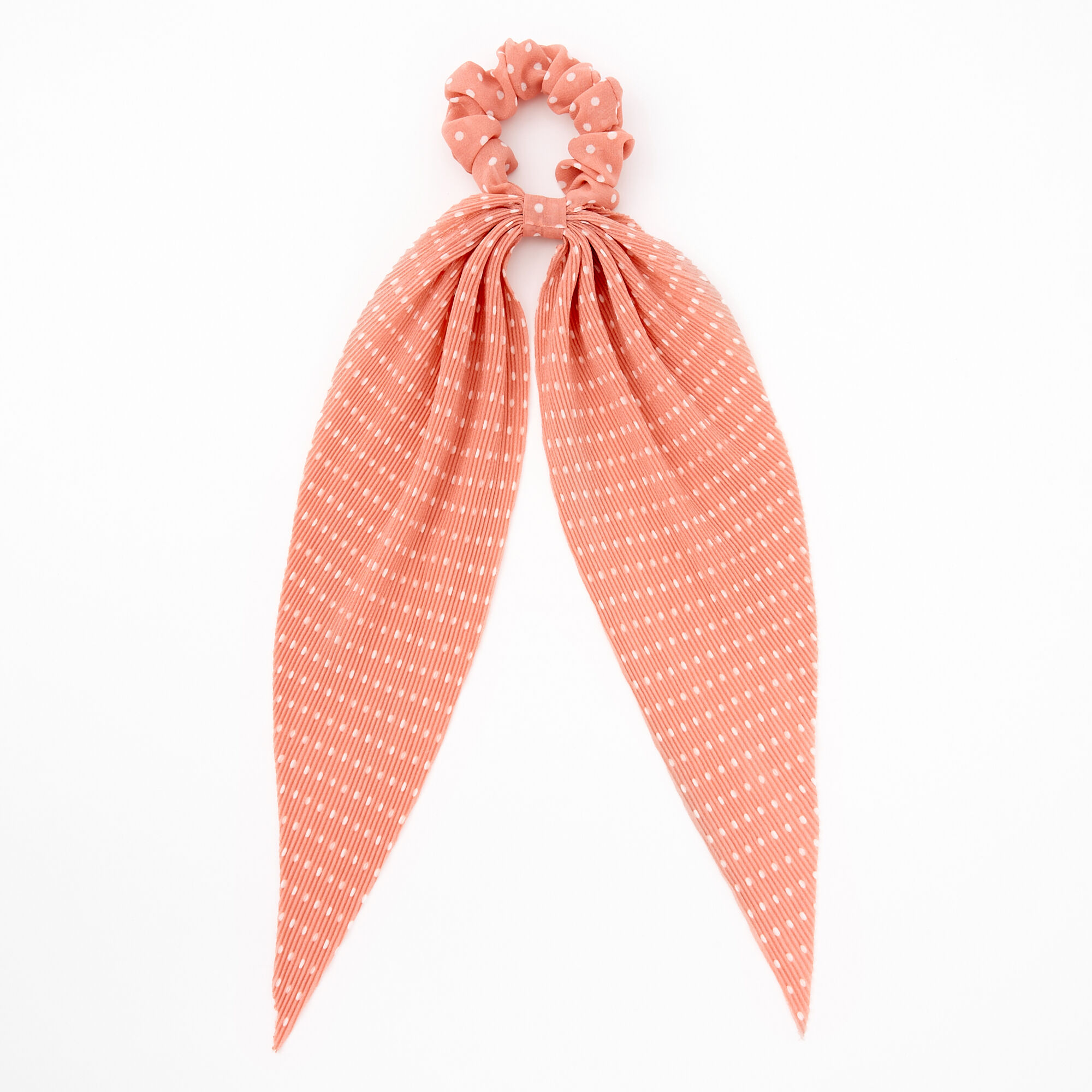 View Claires Small Polka Dot Pleated Scarf Hair Scrunchie Peach information