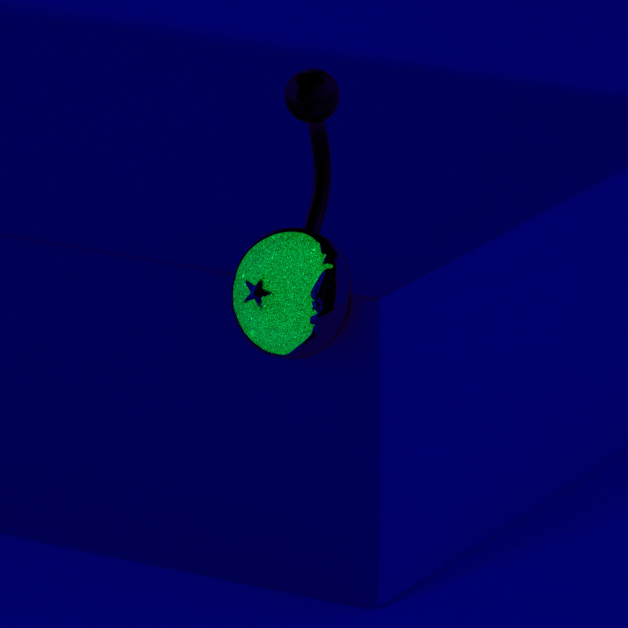 Gold 14G Glow in the Dark Blue Moon Belly Ring,