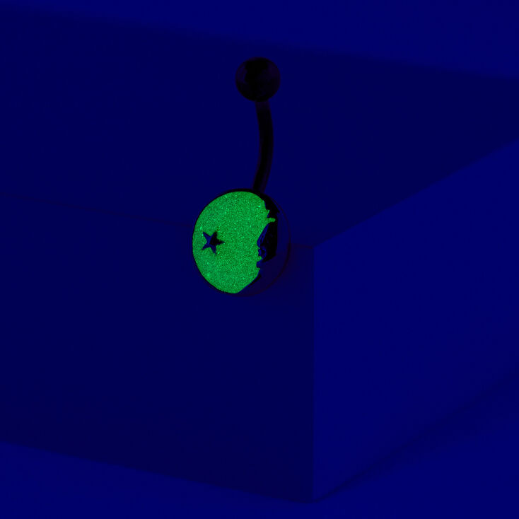 Gold 14G Glow in the Dark Blue Moon Belly Ring,