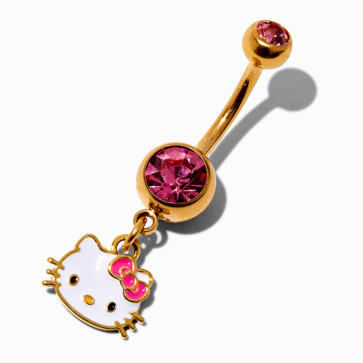 Hello Kitty&reg; Gold-tone Stainless Steel Pink Crystal Face Charm 14G Belly Bar,