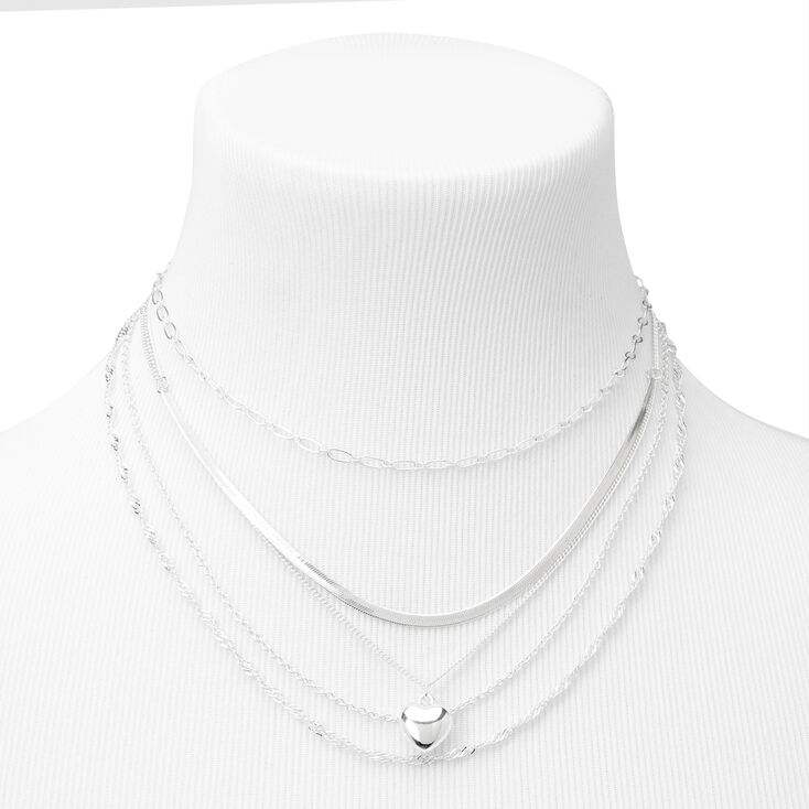 Silver Puff Heart Chain Mixed Multi Strand Necklace,