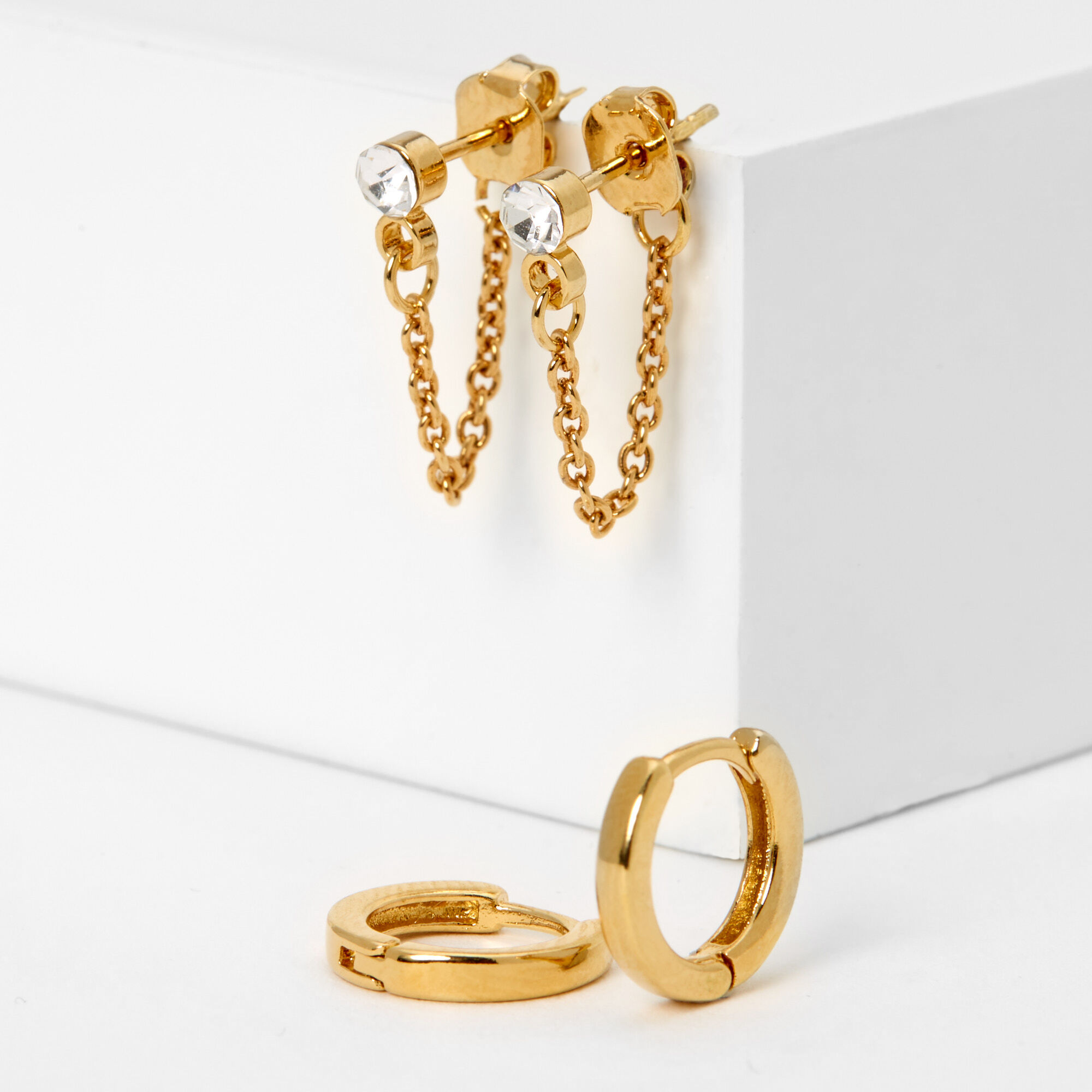 Gold 10MM Crystal Huggie Hoop Earrings - 2 Pack,