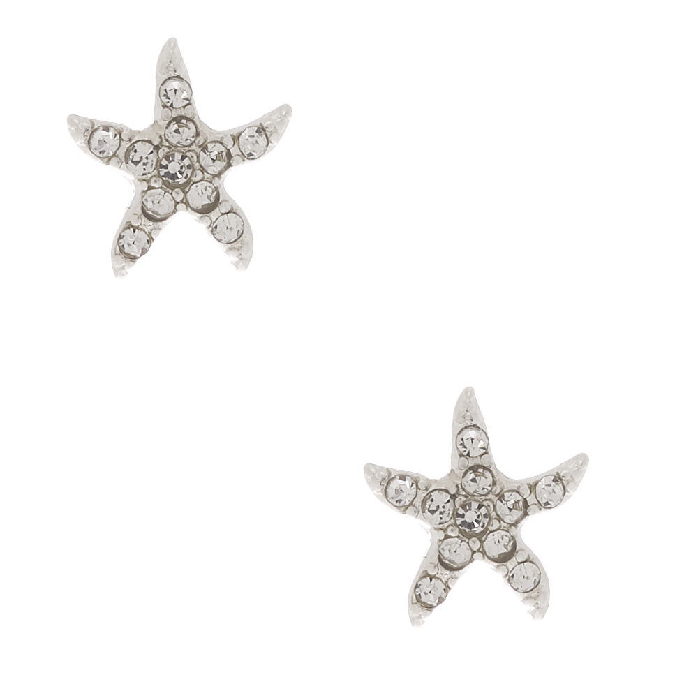 Silver Crystal Starfish Magnetic Stud Earrings,