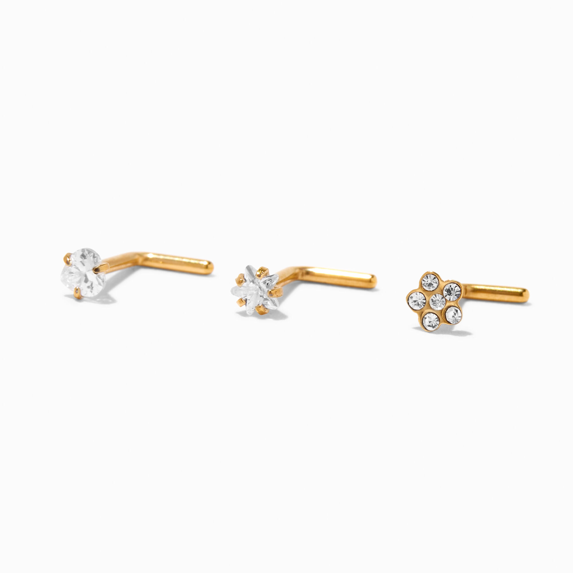 View Claires Tone Titanium 18G Flower Heart Star Nose Studs 3 Pack Gold information