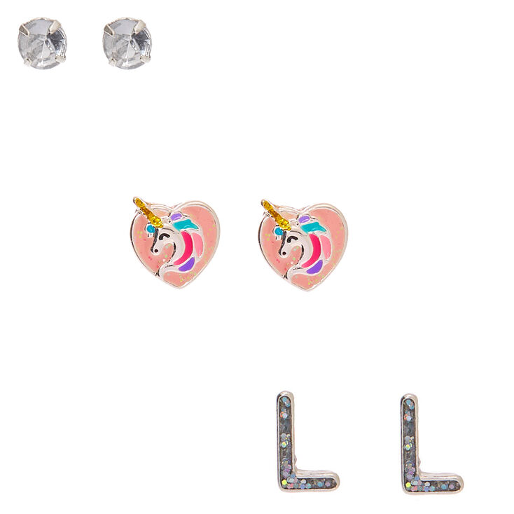Claire's Lot de 3 clous d'oreille Miss Glitter la licorne avec initiale L