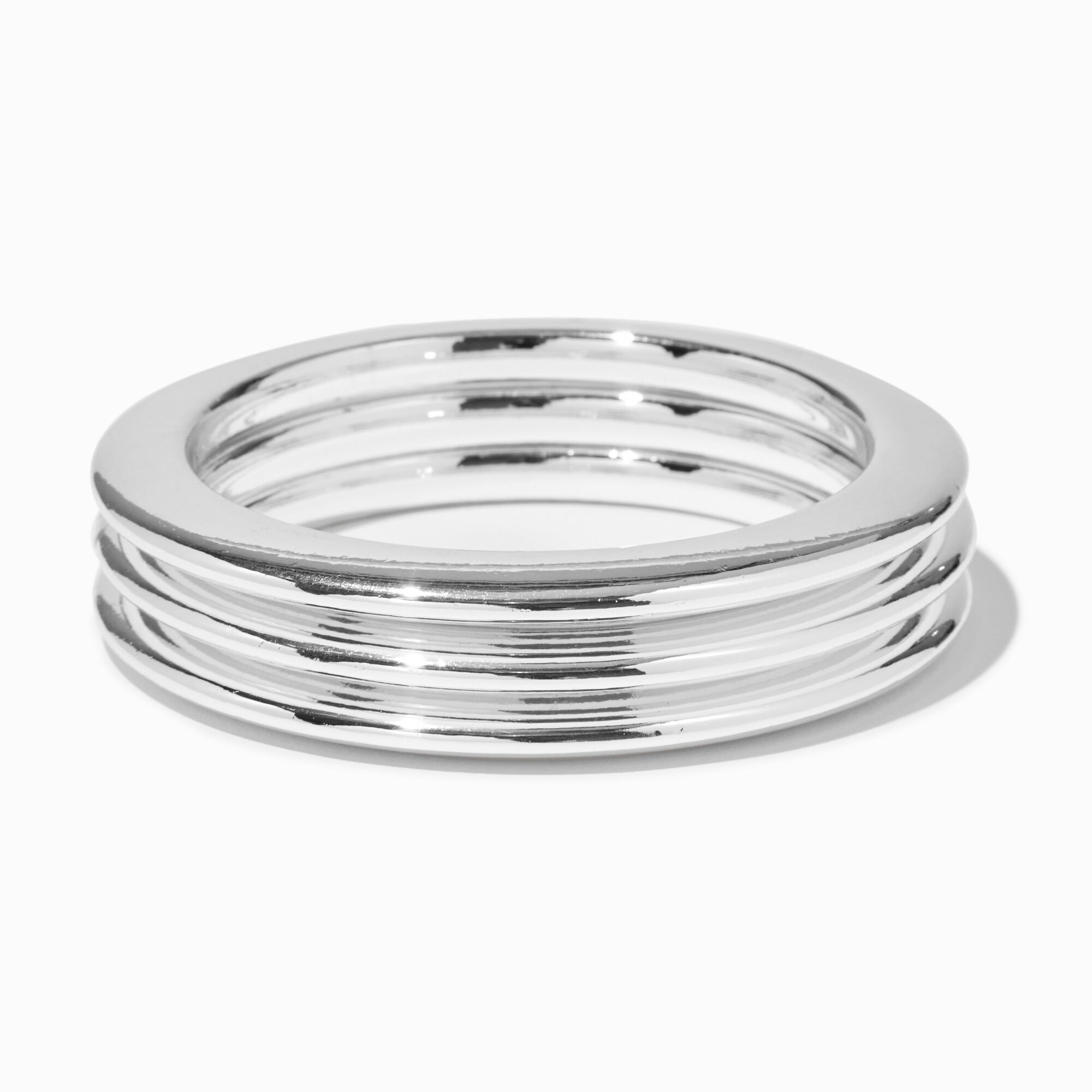 View Claires Shiny Tone Bangle Bracelets 3 Pack Silver information