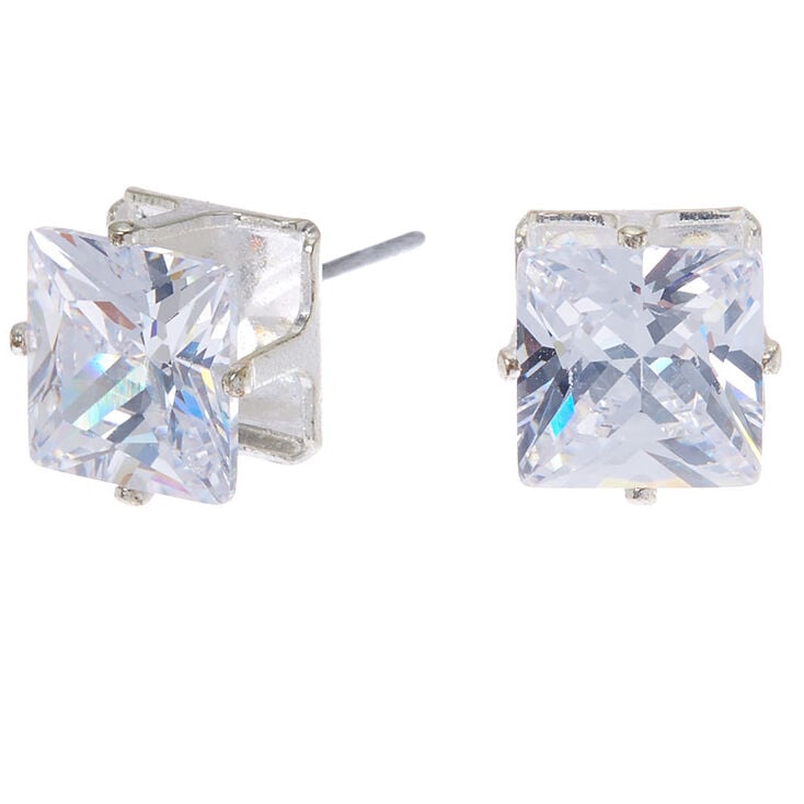 Silver-tone Cubic Zirconia Square Stud Earrings - 8MM,