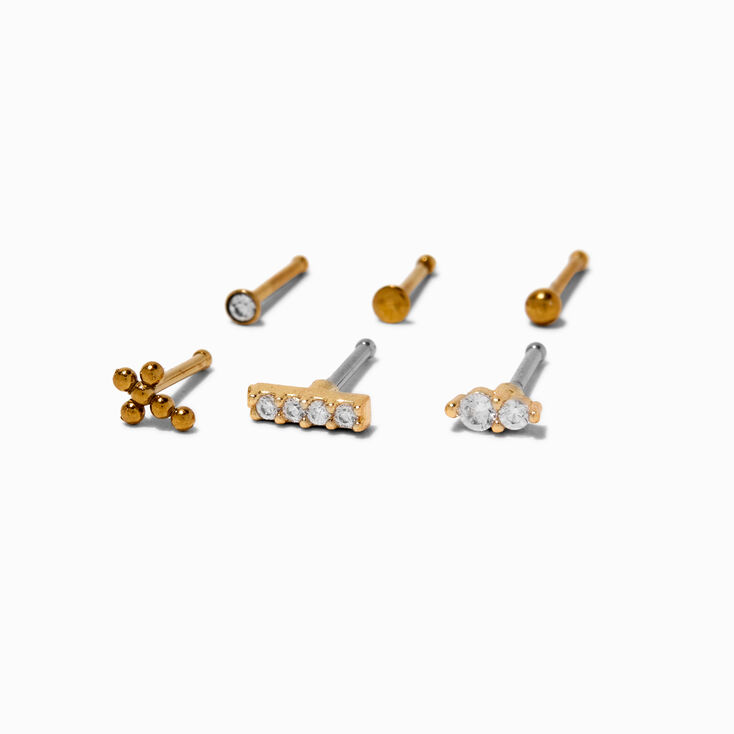 20G Gold-tone Stainless Steel Cubic Zirconia Mixed Nose Studs - 6 Pack,