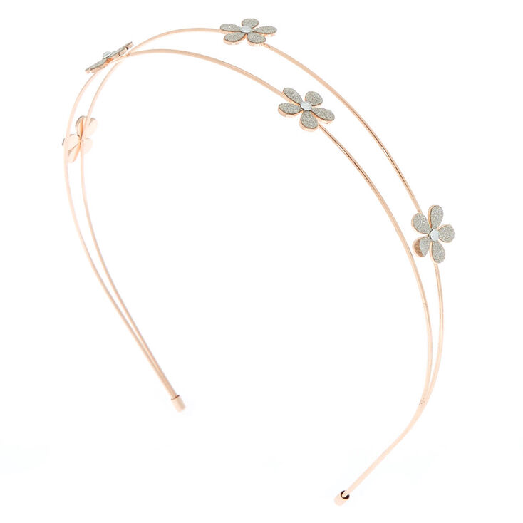 Rose Gold Glitter Flower Double Row Headband,