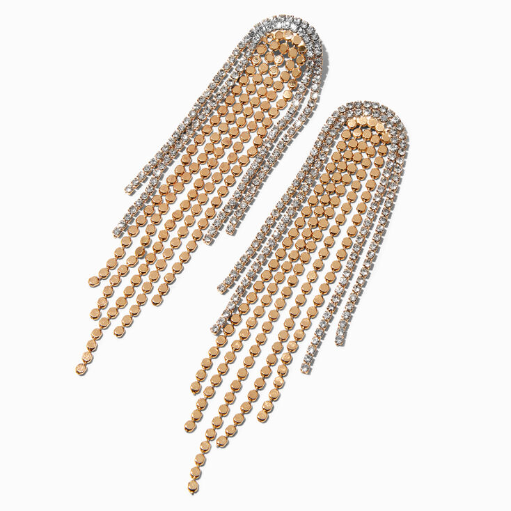 Gold Rhinestone 4&quot; Disco Fringe Drop Earrings,